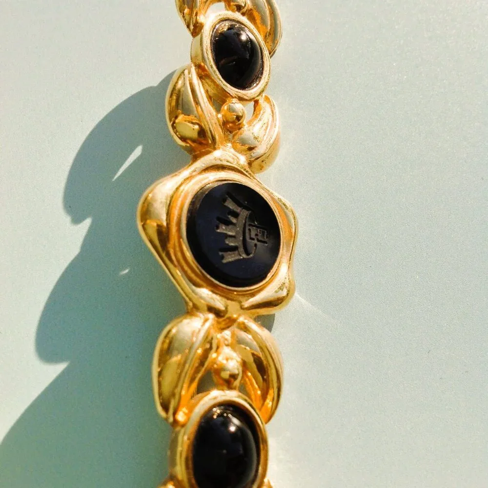 Fendi Brooch Victorian Revival Bar Rhodium Gold Intaglio Logo + Onyx Cabochons